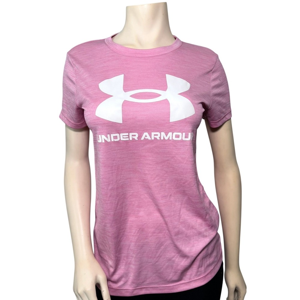 Under Armour T-Shirt Women Small Pink Excellent HeatGear Loose Fit Logo Tee